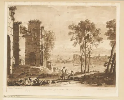 Kustgezicht met ruïne en Apollo met de Sibille van Cumae