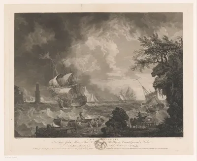Kustgezicht met schepen in een storm op zee