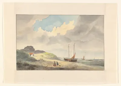 Kustgezicht met schepen op het strand