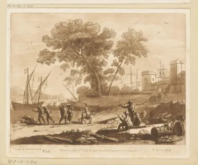 Kustlandschap bij een fort met tekenaar