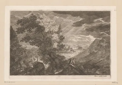 Kustlandschap in een storm met rechts een schip dat vergaat