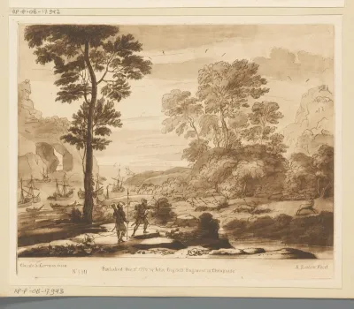 Kustlandschap met Aeneas en Achates op hertenjacht