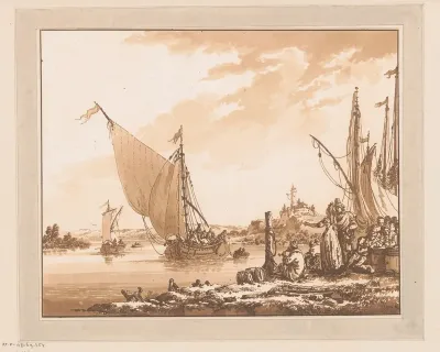 Kustlandschap met boten en figuren aan wal