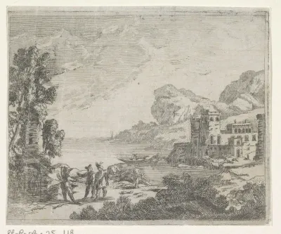 Kustlandschap met drie figuren op de voorgrond