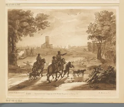 Kustlandschap met drie jagers op paarden