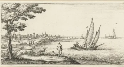 Kustlandschap met een zeilschip