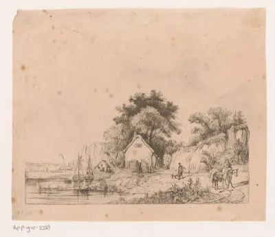 Kustlandschap met enkele huizen en twee boten in het water