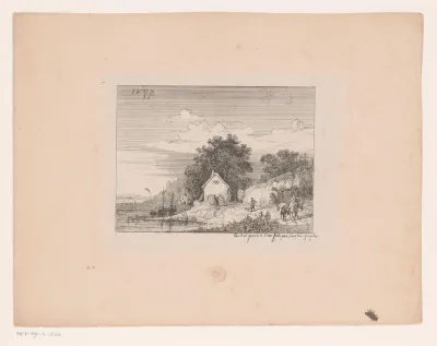 Kustlandschap met enkele huizen en twee boten in het water