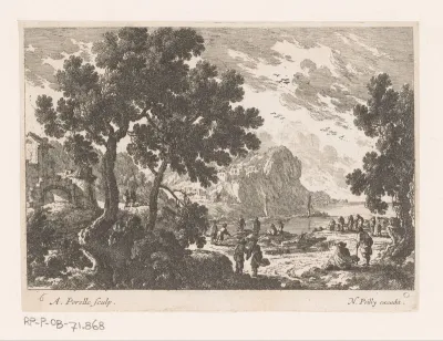 Kustlandschap met figuren en bomen