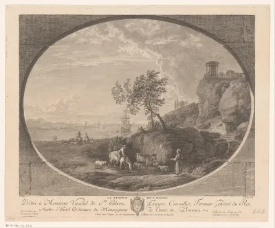Kustlandschap met figuren voor de Tempel van Aurora