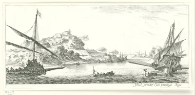 Kustlandschap met schepen voor kust