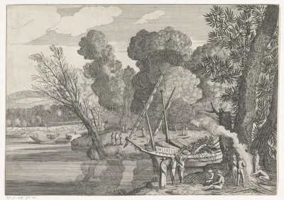 Kustlandschap met schip en figuren rond een vuur