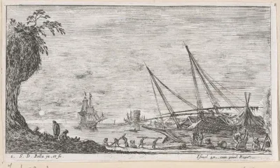 Kustlandschap met schip op de kant