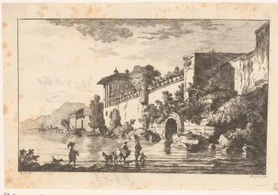 Kustlandschap met stadsmuur en figuren in het water