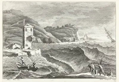 Kustlandschap met storm op zee en vuurbaken