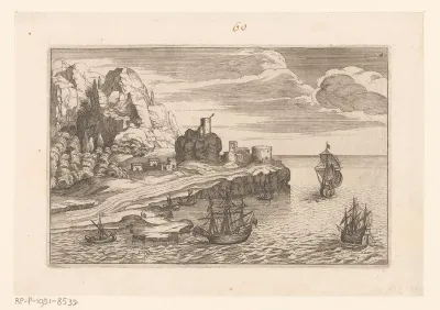 Kustlandschap met torens en schepen