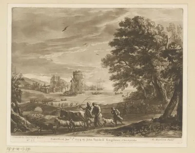 Kustlandschap met veedrijvers en gevecht op een brug