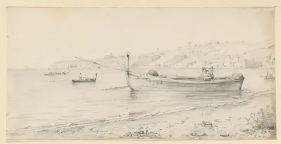 Kustlandschap met vissersboten die netten binnenhalen