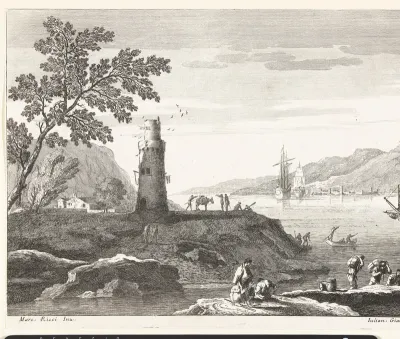 Kustlandschap met vuurtoren en schepen voor anker in baai