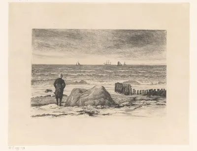 Kustwachter, uitkijkend over woelig water