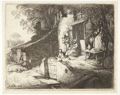 Kvinde, der spinder foran et bondehus