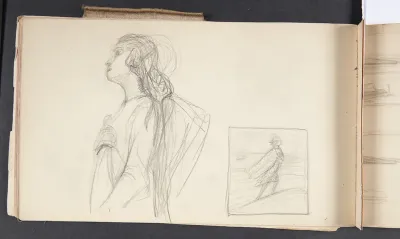 Kvinde i halvfigur og kappeklædt figur på en vindblæst høj