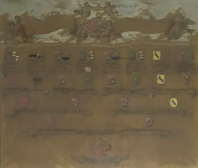 Kwartierstaat met de wapens van de zestien kwartieren van Margaretha Rendorp