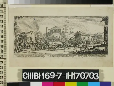 Kylän ryöstäminen ja polttaminen, sarjasta Sodan kurjuudet (Les grandes misères de la guerre)