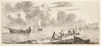 Kyst med fiskere på lavt vand