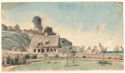 Kystlandskab med stråtækte huse.