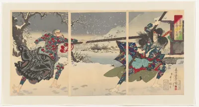 Kyûmonryû en Rochishin vechtend in de sneeuw