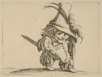 L'Homme au Ventre Tombant et au Chapeau Très Élevé (The Man with a Drooping Belly and a Very Tall Hat), from "Varie Figure Gobbi, suite appelée aussi Les Bossus, Les Pygmées, Les Nains Grotesques" (Various Hunchbacked Figures, The Hunchbacks, The Pyg