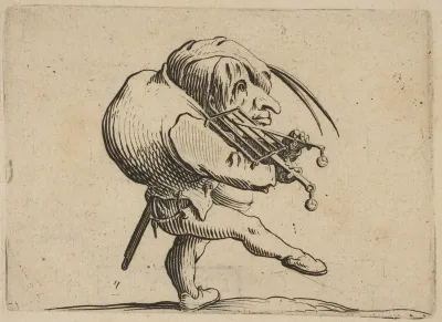 L'Homme Raclant un Gril en Guise de Violon (Man Scraping a Grill in the Guise of a Violin), from "Varie Figure Gobbi, suite appelée aussi Les Bossus, Les Pygmées, Les Nains Grotesques" (Various Hunchbacked Figures, The Hunchbacks, The Pygmes, The Gro