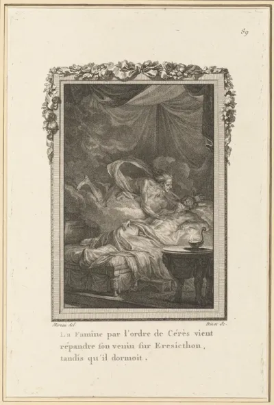La Famine par l'ordre de Cérès vient répandre son venin sur Eresicthon, tandis qu'il dormoit