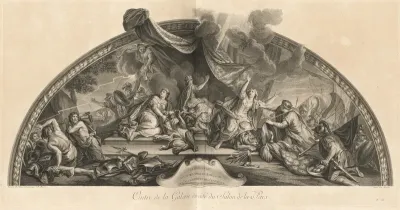 La Hollande accepte la paix et se détache de l'Allemagne et de l'Espagne 1678 Cintre de la Galerie du côté du Salon de la Paix (Holland Accepts Peace and Detaches Itself from Germany and Spain 1678, Center of the Gallery next to the Salon of Peace) [