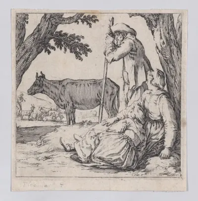 La Paysan Gardant un Boeuf Près de sa Femme et de sa Fille (The Peasant Watching his Ox Near his Wife and Daughter), from "Varie Figure" (Various Figures)