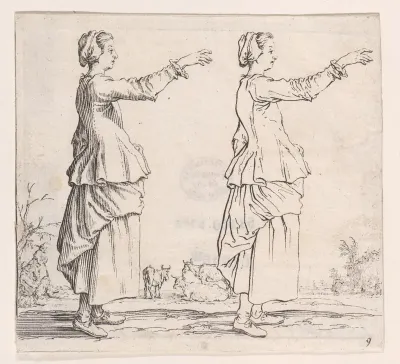 La Paysanne Torunée a Droite, la Main Tendue en Avant (The Peasant Woman Turned to the Right, her Hand Extended Forward), plate 9 from "Varie Figure" (Various Figures)