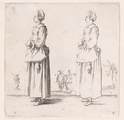 La Paysanne Tournée a Gauche, les Mains Appuyées l'Une sur l'Autre (The Peasant Woman Turned to the Left, One Hand Placed in the Other), plate 4 from "Varie Figure" (Various Figures)
