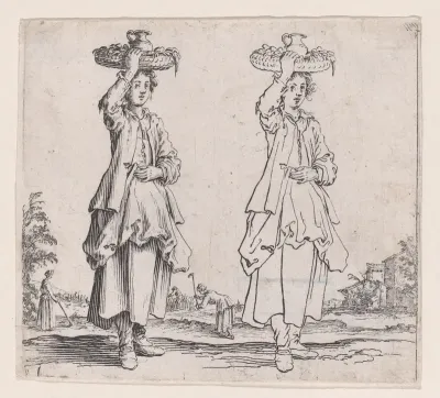La Paysanne Vue de Face, Tenant un Panier sur sa Tête (The Peasant Woman Viewed from the Front with a Basket on her Head), from "Varie Figure" (Various Figures)