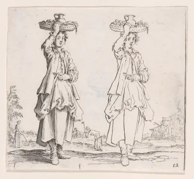 La Paysanne Vue de Face, Tenant un Panier sur sa Tête (The Peasant Woman Viewed from the Front with a Basket on her Head), plate 12 from "Varie Figure" (Various Figures)