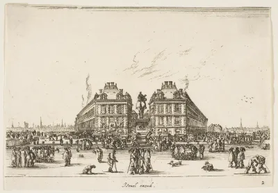 La Place Dauphine, on the coast of Pont Neuf, the equestrian statue of Louis XIII in center, seen from the back and numerous figures, plate 2 from "Various Figures" (Agréable diversité de figures)