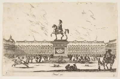 La Place Royale, equestrian statue of Louis XIII in profile facing the left in center, various horsemen and figures in background, plate 3 from "Various Figures" (Agréable diversité de figures)