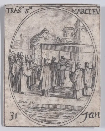 La Translation de St. Marc (The Translation of the Relics of St. Mark), January 31st, from "Les Images De Tous Les Saincts et Saintes de L'Année" (Images of All of the Saints and Feast Days of the Year)