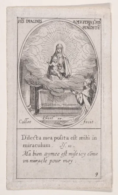 La Vierge et l'Enfant Jésus apparaissent au milieu d'un nuage sur un autel au pied duquel un reine est agenouillée en prières, au bas à droite (The Virgin and Christ Child Seated Amidst Clouds on an Altar, beneath which a Queen Kneels in Prayer at Lo
