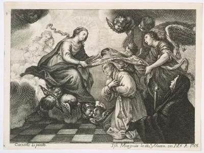 [La Virgen y los ángeles bajan del cielo para vestir a un religioso] [Material gráfico]
