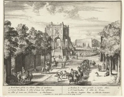 Laan in het park van Enghien die uitkomt op een paviljoen