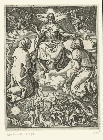 Laatste oordeel met Christus tronend in hemel op globe terwijl hij Maria en Johannes zegent