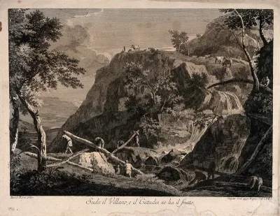 Labourers felling trees and moving the trunks on the side of a mountain