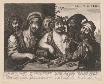 Lachend en musicerend gezelschap met Bacchusfiguur