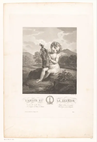Lachende Amor met een beeld van Minerva
